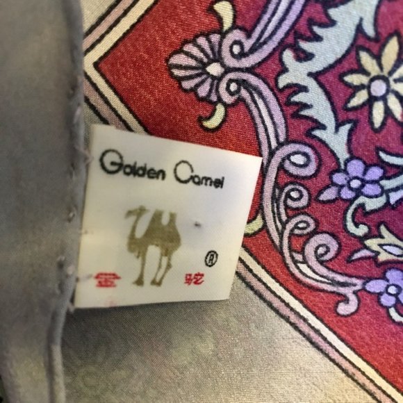 Golden Camel Silk Scarf Paisley Gray Rust Lavender Green Large Square Hand Print - Picture 5 of 6